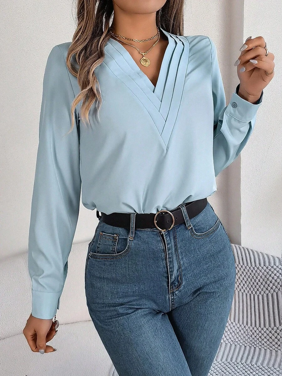 VigoCasey 2026 Primavera Blusa Blanca de Manga Larga Elegante para Mujer, Camiseta Sólida con Cuello en V, Top de Oficina para Otoño, Ropa de Dama - Azul - Ver 1