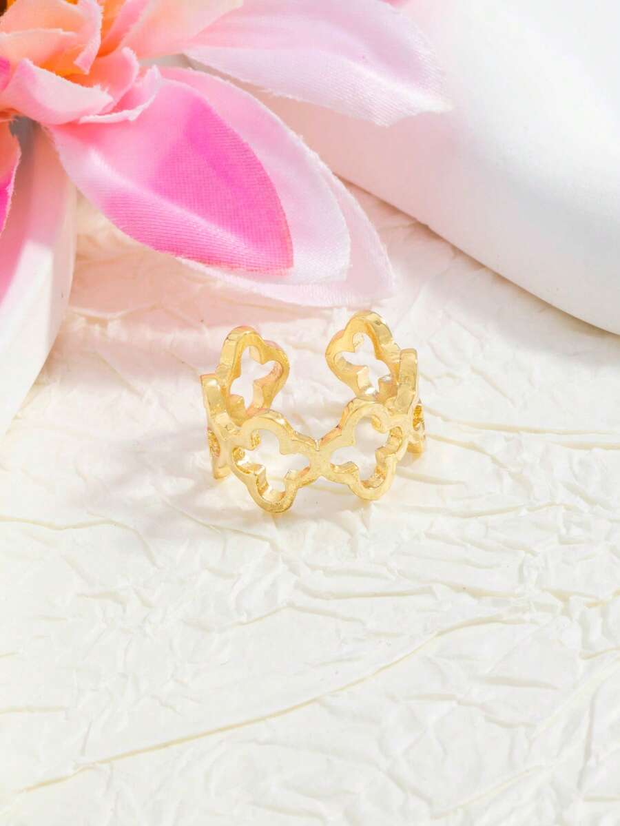 1个时尚镂空四叶草可调节开口戒指，简约百搭设计 - 金色 - 查看 1