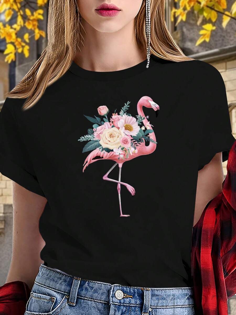 Camiseta de mujer, magníficos patrones geométricos de flamenco y floral, negro con acentos rosa y melocotón, versión suelta manga corta casual top, lavable en máquina toda la temporada confort