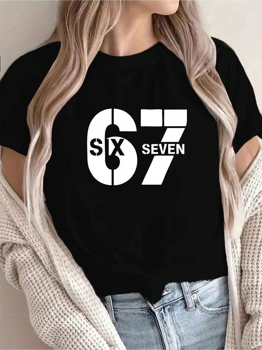 Women's Casual Short Sleeve T-Shirt With Graphic Print 67 - Vibrant Yellow Crew Neck, Machine Washable, Lightweight, Perfect For Spring And Summer, Versatile For Casual Wear, Ladies' T-Shirts - Black - View 1