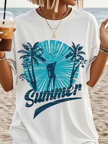 Women's Retro Surf Pattern T-Shirt, Loose Short Sleeve Top With "Pink Ocean" And "All Day Surfing" Print, Lightweight And Breathable Summer Swimsuit Top, Suitable For Beach, Camping And Casual Wear, Comfortable Crew Neck, Retro Style - 白色 - 查看 1