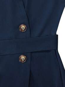Vestido ajustado de color sólido para mujer, cuello en V elegante, abertura con botones, ideal para oficina y casual, primavera y verano - azul real - Ver 7