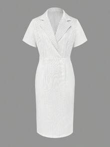 Vestido midi a rayas para mujer, estilo blazer con solapa, manga corta, ajustado, ideal para trabajo y casual - Blanco y Negro - Ver 3