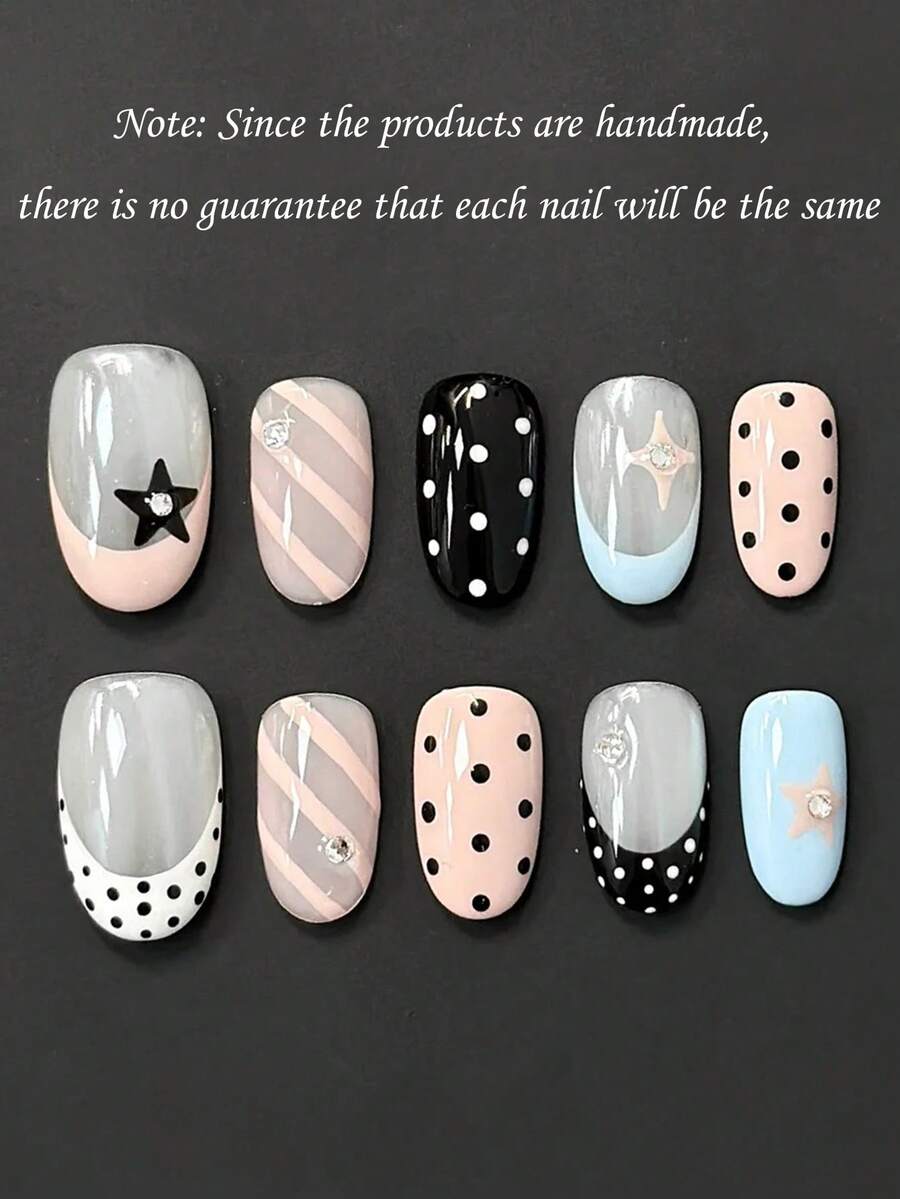 10PCS Sweet Cool Fresh INS Personalized Hot Girl Y2K Hand-Painted Black & White Polka Dot Black & Pink Pentagram Pink Diagonal Stripe Short Oval Press-On Nails Dopamine Art Nail Tips Black White Blue Pink Color Palette NAILS - Multicolor - View 1