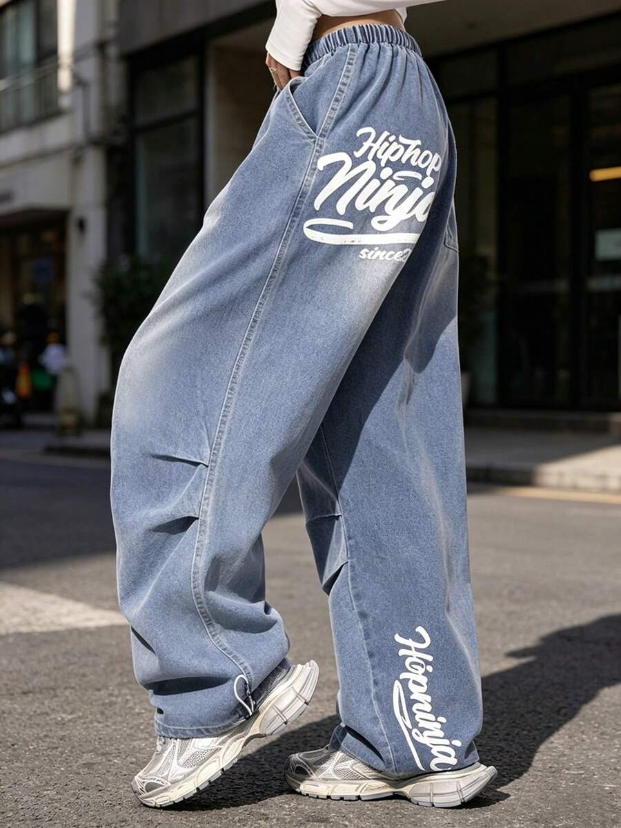 Women Solid Color Letter Print Low Waisted Straight Loose Drawstring Waist Casual Jeans Spring Fall