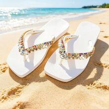 Summer New Women's Flat Non-Slip Fashion High-Quality Slippers, Shoe Upper Decorated With Metal Inlaid Multi-Color Crystal Glass Diamonds, Elegant And Gorgeous For Indoor/Outdoor, Beach, Vacation Wear - White - View 10