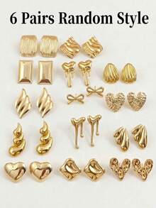 3/6 Paia di orecchini dorati assortiti, con forme geometriche asimmetriche, rettangolari e a cuore, orecchini in acciaio inossidabile alla moda e unici, adatti per uso quotidiano, vacanze, regali, accessori di gioielleria eleganti per donne e ragazze, adatti anche per matrimoni, versatili per abiti casual - Dorato - Visualizzare 12