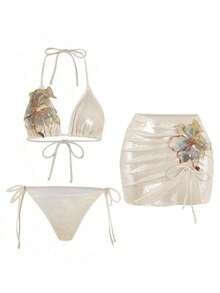 Swim Oasis Set de 3 piezas Nuevo traje de baño de triángulo con sujetador push-up, bordado floral y tela brillante de lentejuelas para mujer - Albaricoque - Ver 6