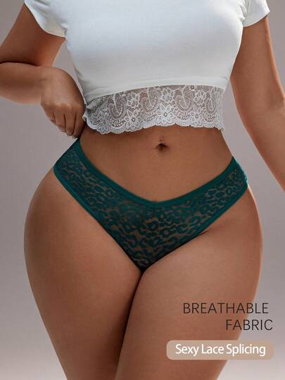Plus Size Women's Sexy Lace Bikini Panties V-Waist Seamless Briefs Hollow Out Solid Color Fashionable Sports Underwear