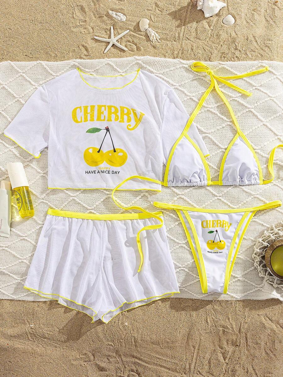 Bộ 4 món bikini nữ co giãn cao, in hình quả anh đào, buộc dây phía trước, kiểu dáng ngọt ngào và dễ thương, thích hợp cho kỳ nghỉ, tiệc bãi biển, tiệc độc thân mùa hè. - Màu vàng - Xem 1