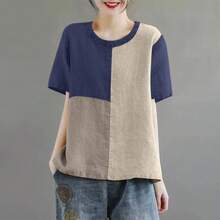 ZANZEA-Blusa de retazos para mujer, túnicas de manga corta, camisas de cuello redondo a la moda, Tops informales sueltos de lino y algodón para vacaciones 2024 - Naranja - Ver 2