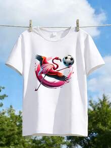 A Women's One-Piece T-Shirt With A Round Neck And A Cute And Cool Flamingo Football Print. This Stylish Short-Sleeved T-Shirt With A Cyber Gradient Splash Effect Is Perfect For Casual Wear And For Going To Work. - 白色 - 查看 1