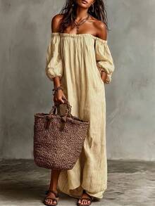 Triped Linen-Blend Maxi Dress, Off Shoulder Puff Sleeve Loose Fit, Casual Boho Vacation Sundress - 黃色 - 查看 11