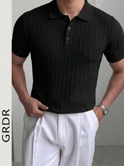  GRDR Men's Herringbone Knit Texture Polo Shirt, Summer Casual Breathable High-End Striped Jacquard T-Shirt