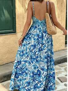 Vestido feminino de verão, estampa floral, elegante, em tecido plano, sem costas, ideal para férias, praia, festas, casamentos, aniversários e uso casual diário. Perfeito para primavera e verão. - Lago Azul - Ver 2
