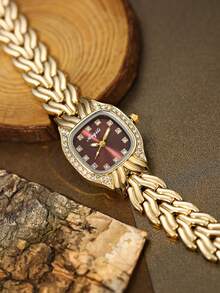 Jam Tangan Quartz Persegi Emas Wanita, Ringkas dan Cocok untuk Pemakaian Sehari-hari, Hadiah Ulang Tahun/Wisuda, Kasual dan Pesta - Emas - View 3
