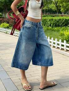 Women's Street Fashion Washed Denim Shorts, Loose Fit Wide Leg Opening Slant Pockets Design, Casual Outdoor Denim Hotpants, High Quality Button Slit Summer - Blue - View 4