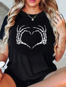 Plus Size - Plus Size - Plus Size Women'S Fashion Casual Round Neck Spring And Summer T-Shirt with a Skull Hand Heart Pattern Print - Negro - Ver 2