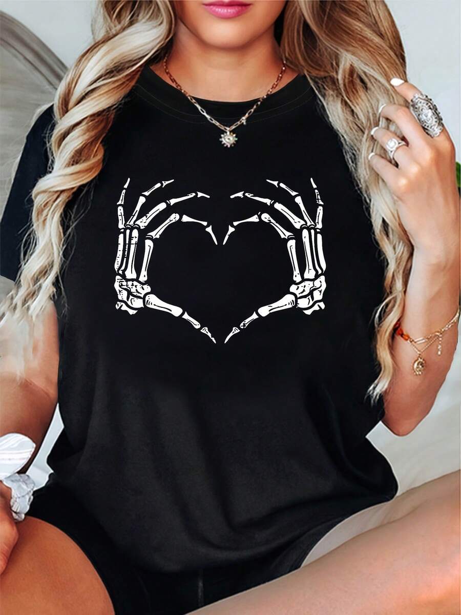 Plus Size - Plus Size - Plus Size Women'S Fashion Casual Round Neck Spring And Summer T-Shirt with a Skull Hand Heart Pattern Print