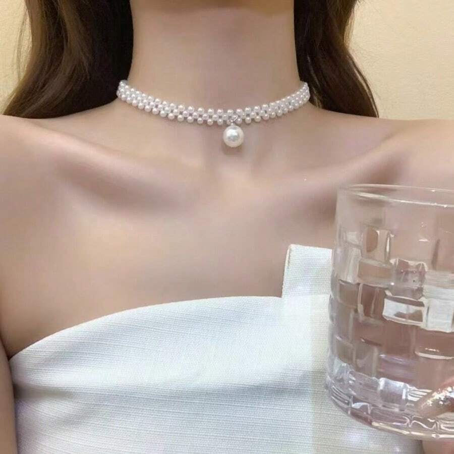 1 chiếc vòng cổ choker giả ngọc trai dệt thanh lịch với mặt dây chuyền ngọc trai đơn, dây chuyền có thể điều chỉnh, trang sức cưới cô dâu. - Xem 1