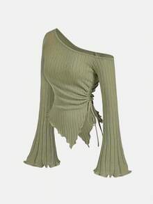 Nueva camiseta elegante asimétrica de estilo callejero informal ajustada de manga larga cruzada con hombros descubiertos para mujer top de manga trompeta - Verde - Ver 6