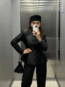 Women's Chinese-Style Button-Front Jacket: Fashionable Cropped Coat With Solid Color Stand-Up Collar - Black - View 2