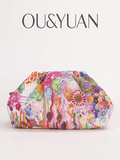 1 pieza Nuevo bolso de embrague con estampado de flores y paisley colorido, bolso de mano con volantes estampados bohemios, bolso de playa de verano adecuado para uso diario casual, vacaciones, citas, compras, trabajo y otras ocasiones