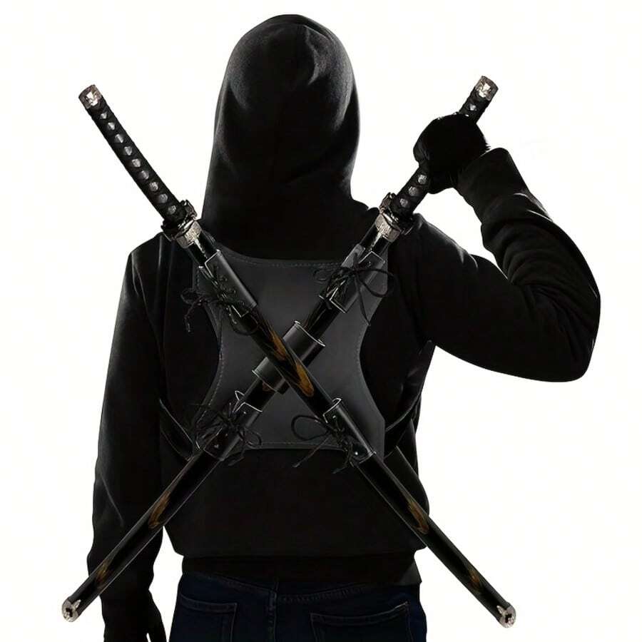 1件萬聖節角色扮演服裝配件,劍背後槍套持架,武士刀PU皮革劍攜帶套肩帶蛙扣腰帶,可調節劍鞘,適用於英雄動漫服裝、中世紀文藝復興戰士服裝配件,派對 - 黑色 - 查看 1