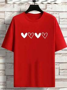 Camiseta gráfica de mujer de manga corta con cuello redondo, de moda con estampado de corazón, para uso diario casual - Rojo y blanco - Ver 3