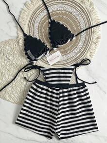 Conjunto de bikini y shorts de baño casuales para vacaciones en la playa de mujeres, 2026, 3 piezas, de tela texturizada con bloques de color y rayas, adecuado para primavera/verano, fiestas en la piscina, citas - Blanco y Negro - Ver 2