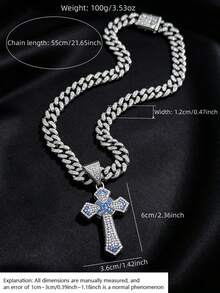 1 pieza Collar personalizado de moda para hombres, colgante de cruz de cristal, accesorio de estilo callejero hip hop - azul plateado - Ver 2