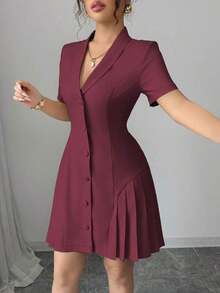 Vestido corto burdeos estilo blazer para mujer, solapa, botones decorativos, falda plisada y manga corta, elegante para primavera/verano - Burdeos - Ver 7