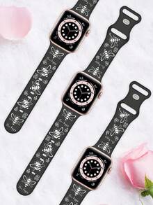 雕花矽膠錶帶，相容於 40mm 41mm 42mm 44mm 45mm 46mm 49mm，時尚優雅運動休閒錶帶，相容於 Ultra/11/10/9/8/7/6/5/4/SE，女款智慧手錶錶帶 - 黑色錶帶配白色蜜蜂 - 查看 7