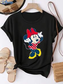 Disney 1件女士短袖T恤，迪士尼米妮图案印花，圆领，弹力面料，易于打理，适合日常穿着，时尚女士短袖T恤，休闲服饰 - 黑色 - 查看 1