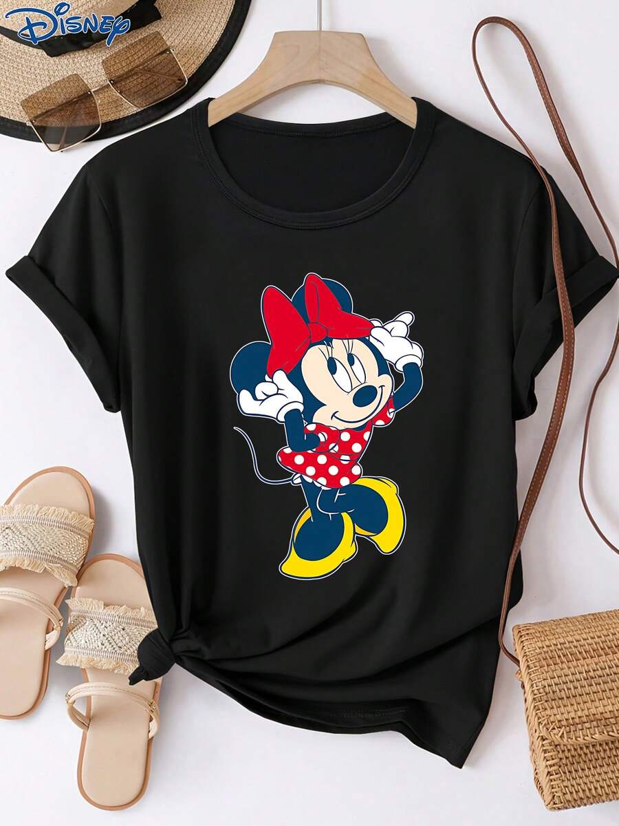 Disney 1件女士短袖T恤，迪士尼米妮图案印花，圆领，弹力面料，易于打理，适合日常穿着，时尚女士短袖T恤，休闲服饰 - 黑色 - 查看 1
