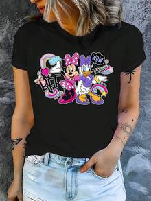 1pc Women's Short Sleeve T-Shirt, Disney Minnie Mouse And Daisy Duck Graphic Print, Round Neck With Slight Stretch, Easy Care Fabric, Suitable For Daily Wear, Fashionable Women's Short Sleeve T-Shirt, Casual Wear - Black - View 3