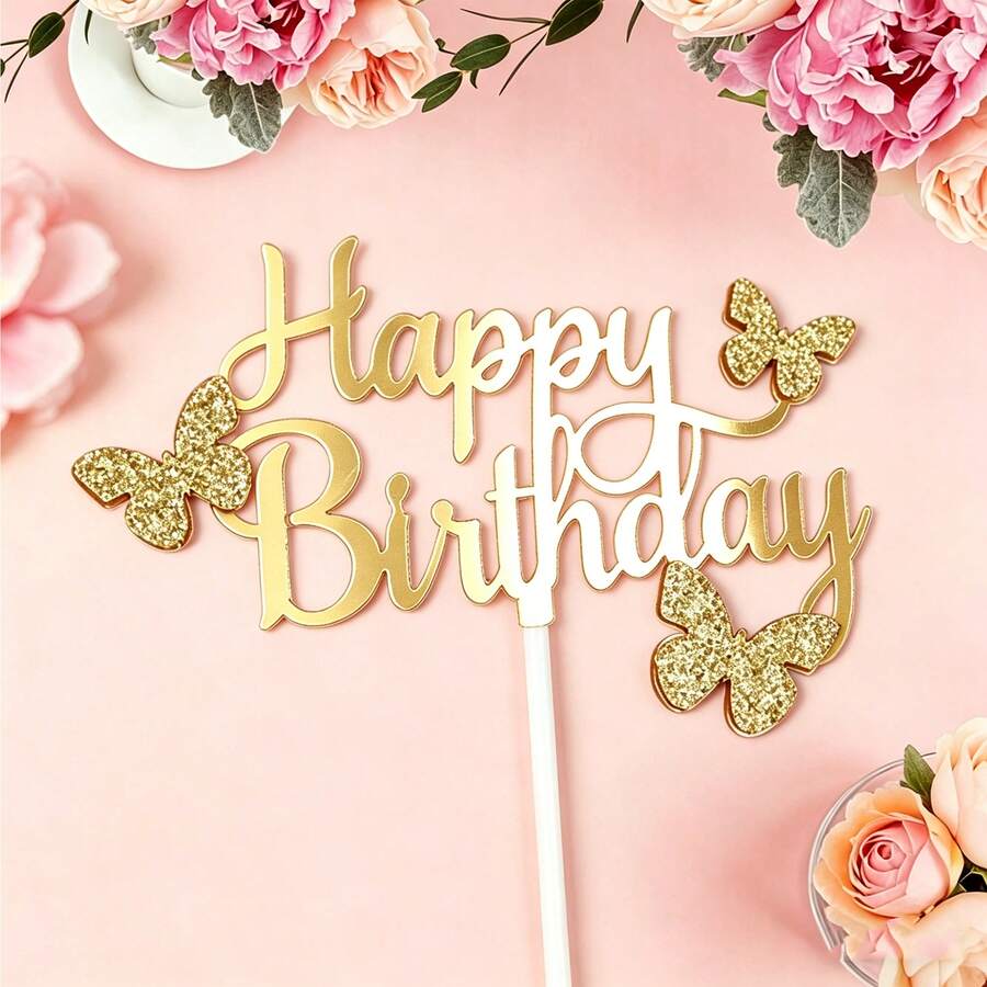 1 pieza Decoración para pastel de cumpleaños de acrílico dorado con mariposa brillante para decoración de fiesta de cumpleaños - multicolor - Ver 1