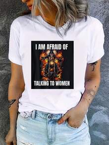 Plus Size - Plus Size - I'm Afraid To Talk To Women Cringe Skeleton Graphic T-Shirt - Funny Sarcastic Unisex Tee With Bold White Text And Creepy Female Face Design - 220gsm Heavy Retro Crew Neck Short Sleeve Shirt - 白色 - 查看 1