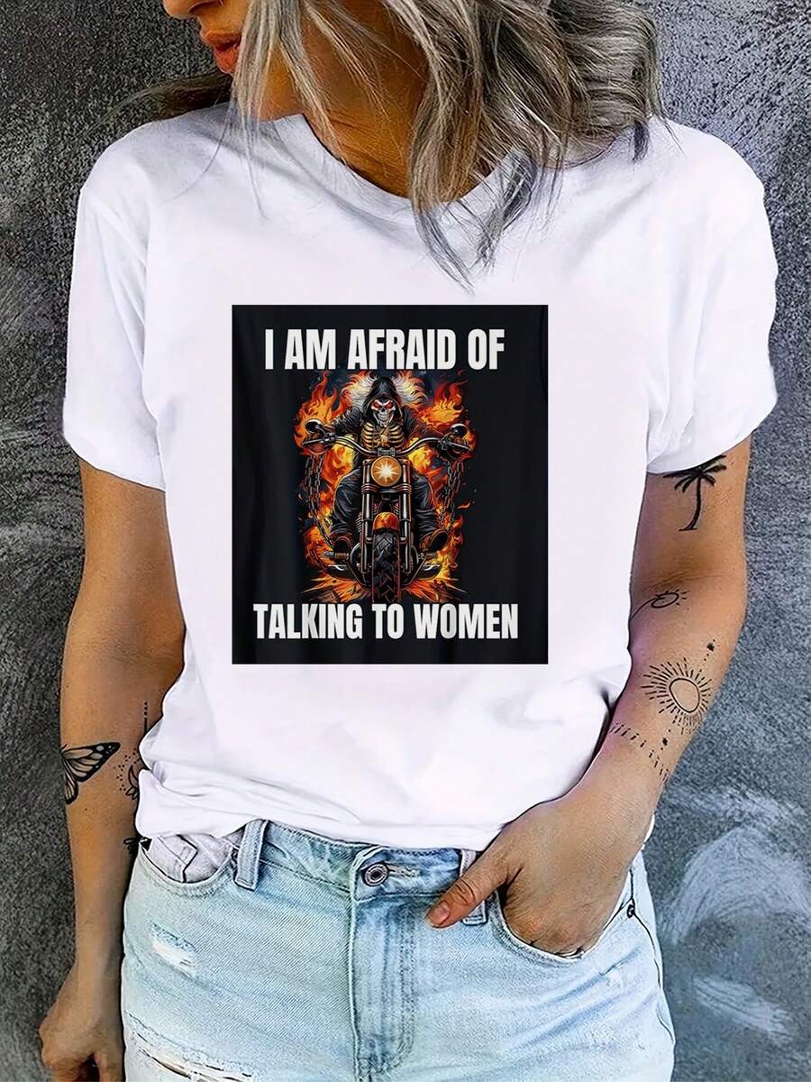 Plus Size - Plus Size - I'm Afraid To Talk To Women Cringe Skeleton Graphic T-Shirt - Funny Sarcastic Unisex Tee With Bold White Text And Creepy Female Face Design - 220gsm Heavy Retro Crew Neck Short Sleeve Shirt - 白色 - 查看 1