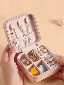 1 pieza Caja de joyería de viaje de piel sintética, organizador de joyería multifuncional, estuche de almacenamiento de joyería mini, soporte para cosméticos de maquillaje y esmalte de uñas, caja de joyería compacta - Cremallera cuadrada - Ver 2