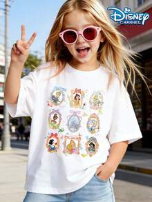Disneyland Cartoon Disney Princess Print Summer Tops,Disney Kids Disney Shirts ,Perfect For Cute Girls. Teen Girl Gift,Comfortable And Breathable Children's Short-Sleeved T-Shirt. 180g Pure Cotton Children's Clothes,Suitable For Both Boys And Girls.Suitable For Daily Wear, Vacations, Outdoor Activities, And As A Children's Gift. - White - View 2
