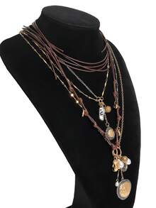 Vintage Multi-Layer Mixed Craft Women Necklace, Leather Cord Metal Chain With Coin & Pearl Pendant - Multicolor - View 10