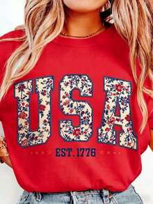 Floral USA Shirt, Retro America Shirt, 4th Of July PNG, 4th Of July, Retro USA ,Soft Cotton, Unisex Fit, Classic Design-Loose-Fit Easy Relaxed Style, - 紅色 - 查看 1