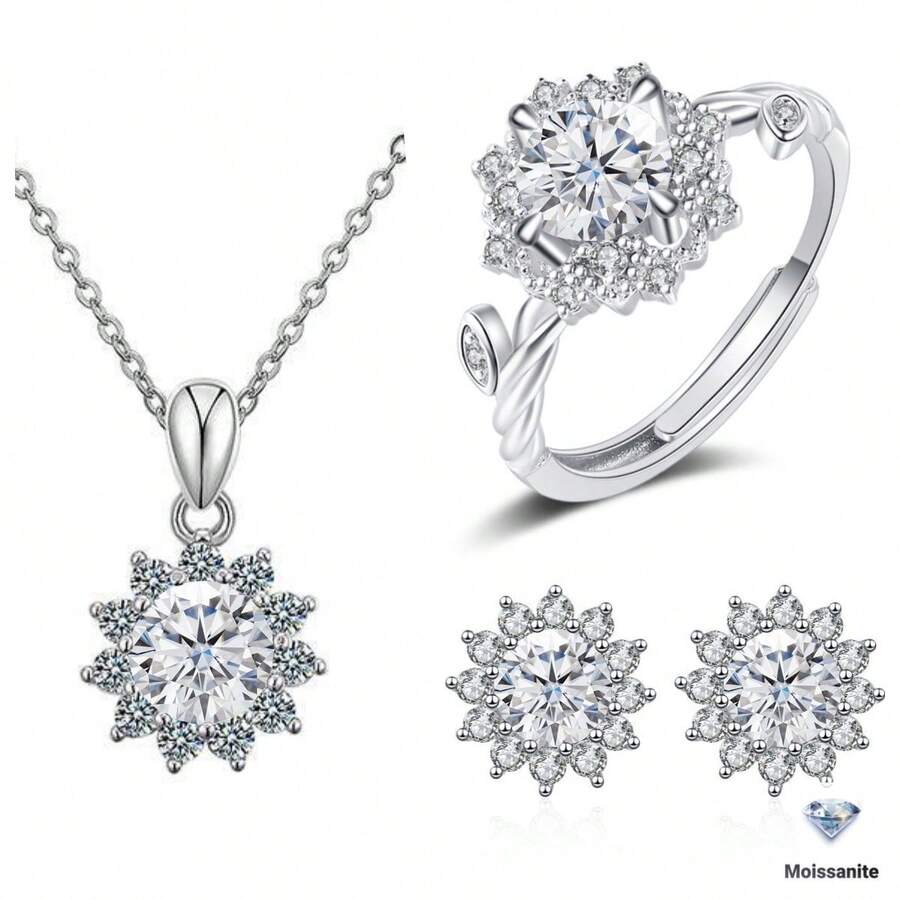 Bộ trang sức bạc 925 gồm: Dây chuyền Moissanite 1ct, Nhẫn hở Moissanite 1ct, Bông tai Moissanite 2ct, trang sức cưới/đính hôn cao cấp, bộ quà tặng đeo hàng ngày kèm hộp quà. - Một bộ 4CT - Xem 1