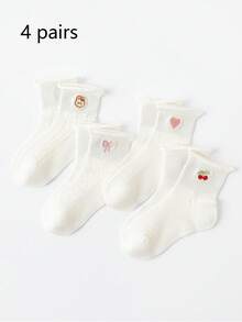 4 Pairs Girls' Sweet Embroidered Socks, White Mesh Breathable Ankle Socks, Cute Patterns Of Cherry / Heart / Bow, Suitable For School And Daily Wear - White - View 10