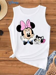 Disney 迪士尼米妮卡通印花女士背心，时尚女士马甲，圆领略带弹性，适合日常穿着，易打理面料，休闲女士背心 - 白色 - 查看 1