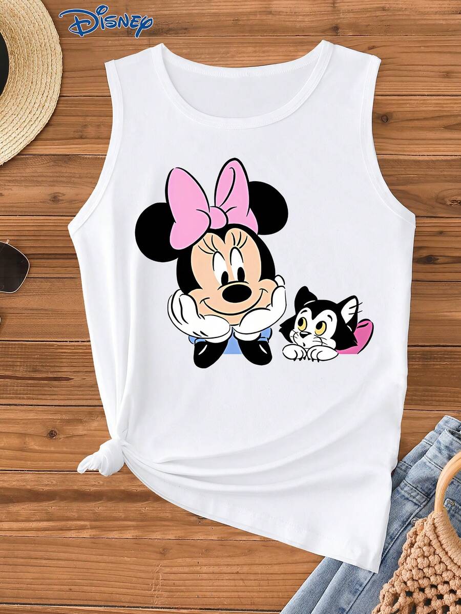 Disney 迪士尼米妮卡通印花女士背心，时尚女士马甲，圆领略带弹性，适合日常穿着，易打理面料，休闲女士背心 - 白色 - 查看 1