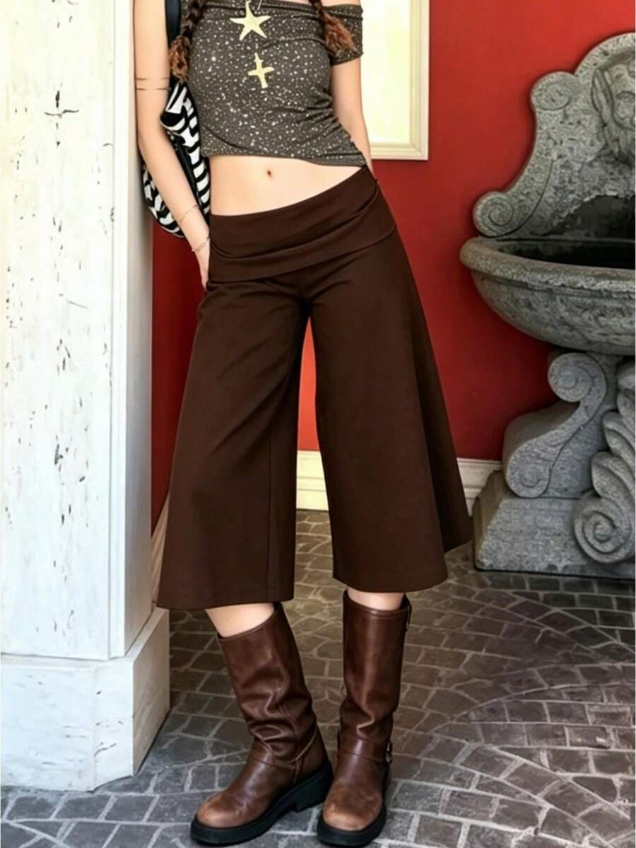 Women Yoga Capri Pants Wide Leg Cropped Pants With Fold Over Waistband For Fitness Workout Light Grey Lounge Pants For Women Elastic Waist 3/4 Length Pants Casual Culottes Trousers For Daily Wear - 深棕 - 查看 1