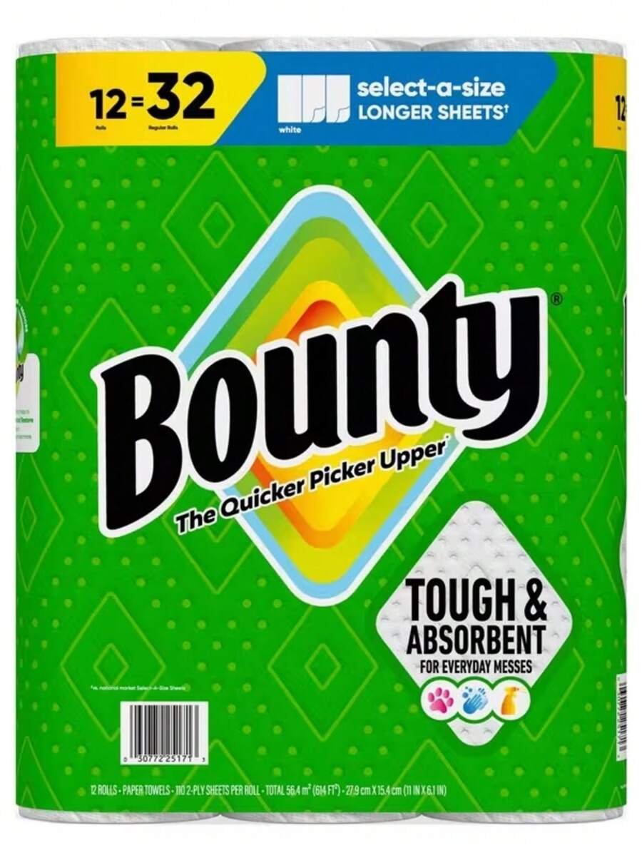 Bounty 2-Ply Paper Towels 110 Sheets For Ultimate Absorbency And Strength – 12 Mega Family Rolls, With Long-Lasting Home Cleanup - A - View 1