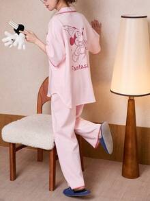 Disney 2件套迪士尼情侣睡衣，迪士尼卡通印花短袖纽扣衬衫和长裤套装，柔软家居睡衣（女款） - 粉色 - 查看 4